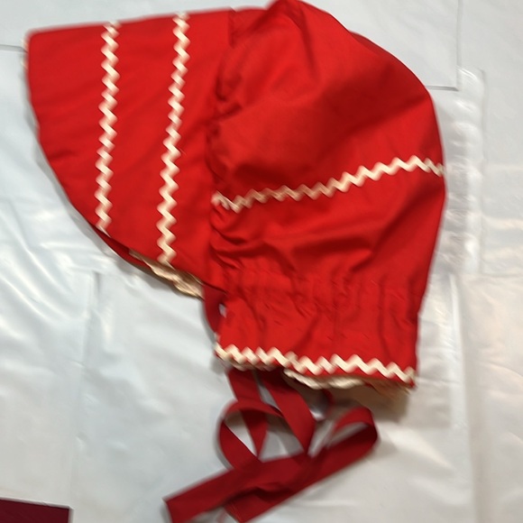 Red Prairie BONNET HAND MADE lace ruffle trim ribbon neck tie costume OS womens - Picture 4 of 13